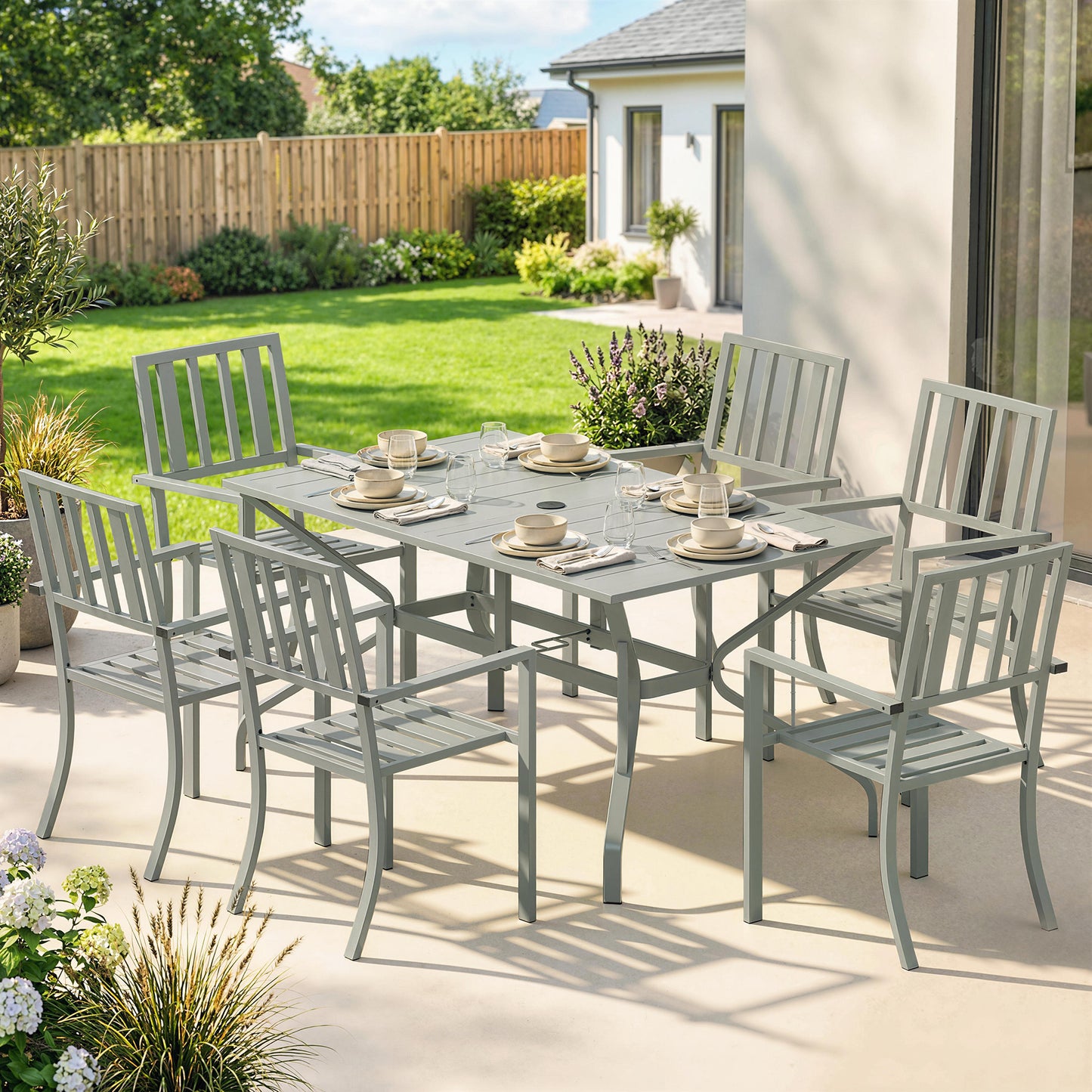 7 Pieces Garden Table and Chairs, 6 Seater Outdoor Table and Chairs with Umbrella Hole, for Garden, Light Grey