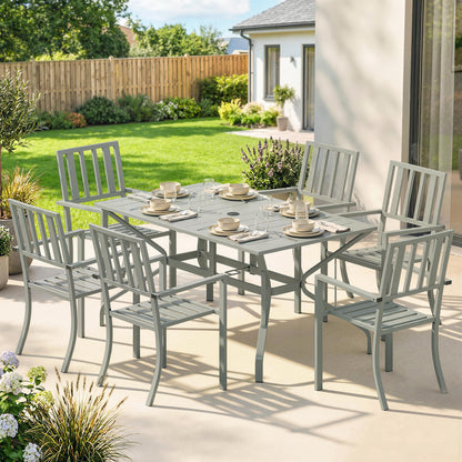 7 Pieces Garden Table and Chairs, 6 Seater Outdoor Table and Chairs with Umbrella Hole, for Garden, Light Grey