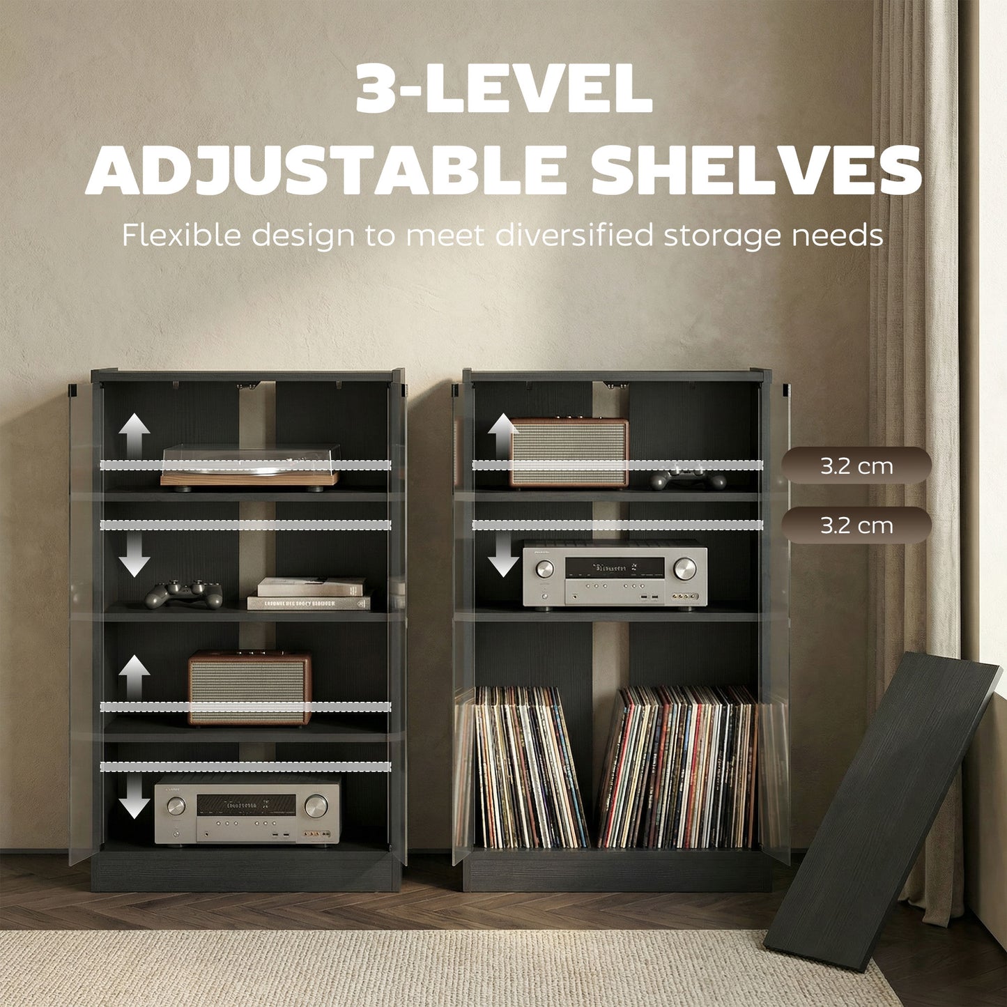 4-Tier Hi-Fi Stand, Record Player Stand with Adjustable Shelves and Push-to-Open Glass Doors, Black Wood-Effect