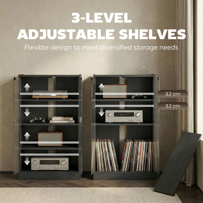 4-Tier Hi-Fi Stand, Record Player Stand with Adjustable Shelves and Push-to-Open Glass Doors, Black Wood-Effect