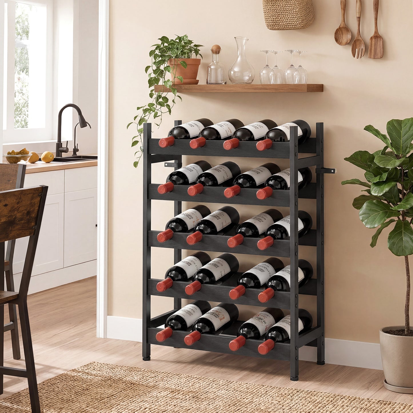 Wine Rack Freestanding Industrial Liquor Cabinet 5-Tier 20 Bottles Bar Stand with Adjustable Feet, Black