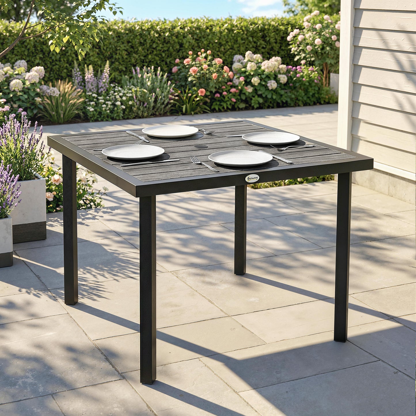 Square Garden Dining Table with Parasol Hole, Slatted Top, Metal Frame, 86 x 86 x 71 cm, Light Grey