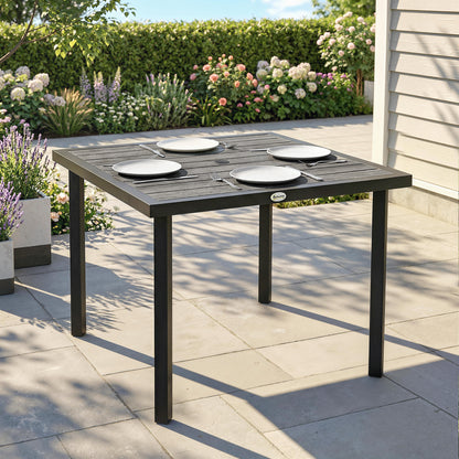 Square Garden Dining Table with Parasol Hole, Slatted Top, Metal Frame, 86 x 86 x 71 cm, Light Grey
