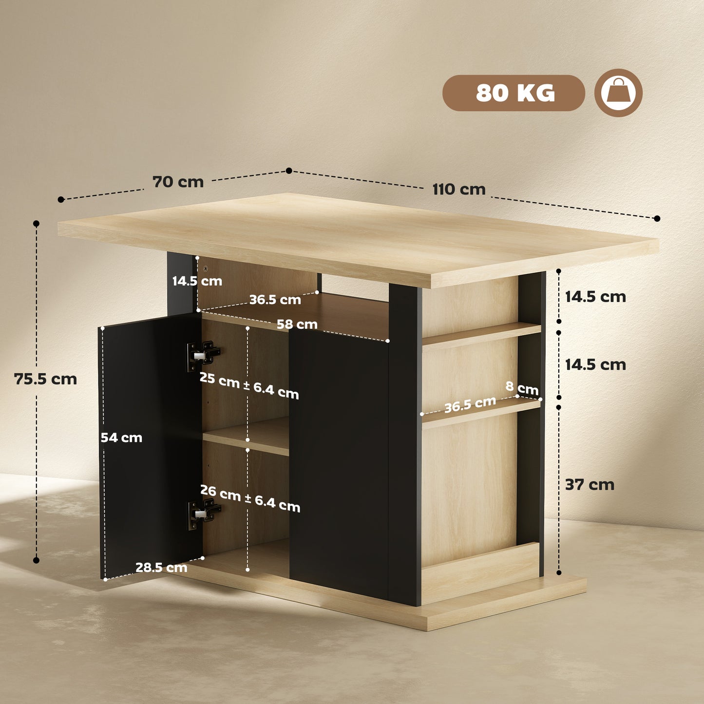 Kitchen Island with Spice Rack, Kitchen Storage with Large Tabletop for 4 People, Adjustable Shelves Black & Natural