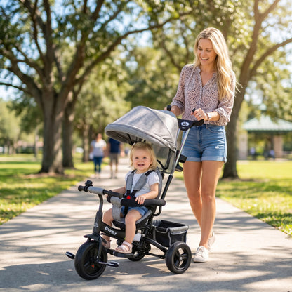 6 in 1 Kids Trike Push Bike w/ Push Handle, Canopy, 5-point Seat Belt, Storage, Footrest, Brake, for 1-5 Years, Grey
