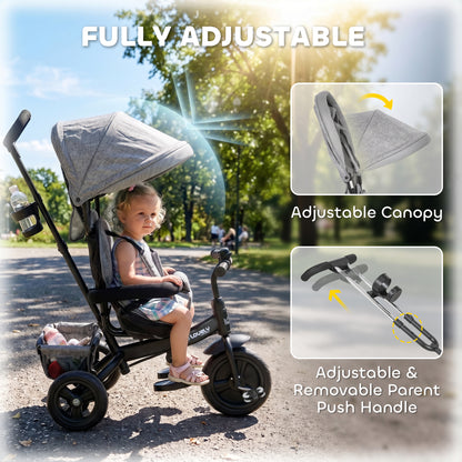 6 in 1 Kids Trike Push Bike w/ Push Handle, Canopy, 5-point Seat Belt, Storage, Footrest, Brake, for 1-5 Years, Grey