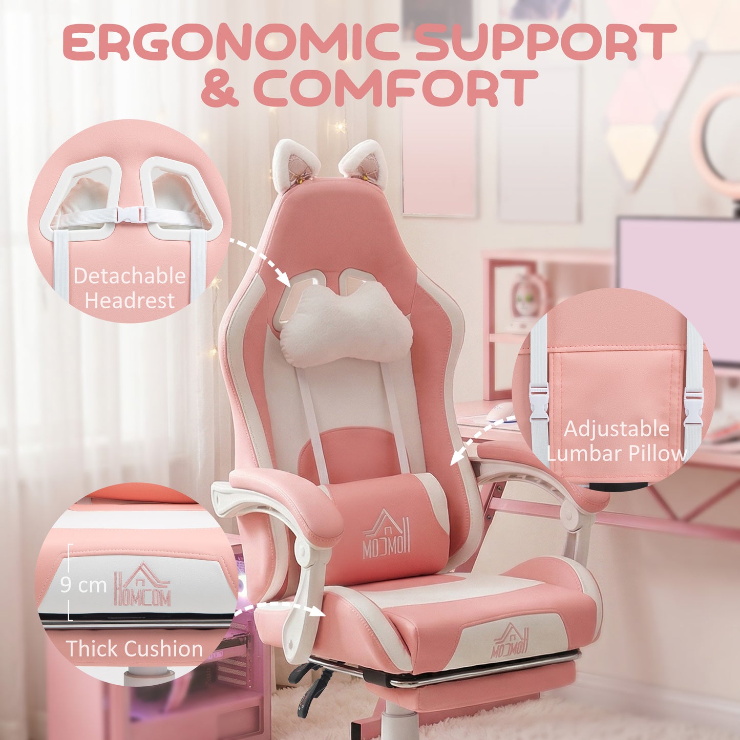 Cat Ear and Paw Reclining Office Chair, with Footrest - Pink/White