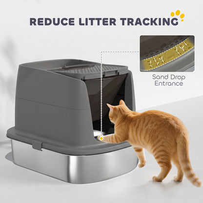 Large Stainless Steel Litter Box, Enclosed Metal Cat Litter Tray with Scoop, Deodoriser Bag, Front-Entry and Top-Exit
