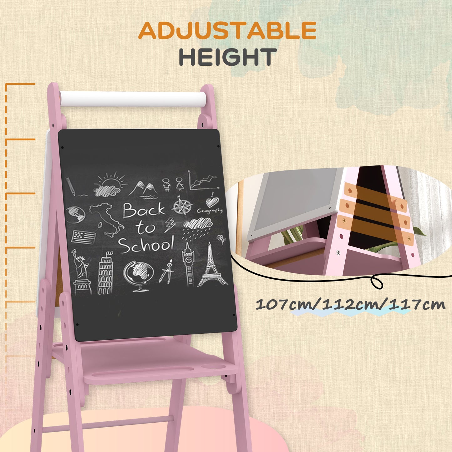 Three-In-One Easel for Kids, with Paper Roll, Adjustable Height - Pink
