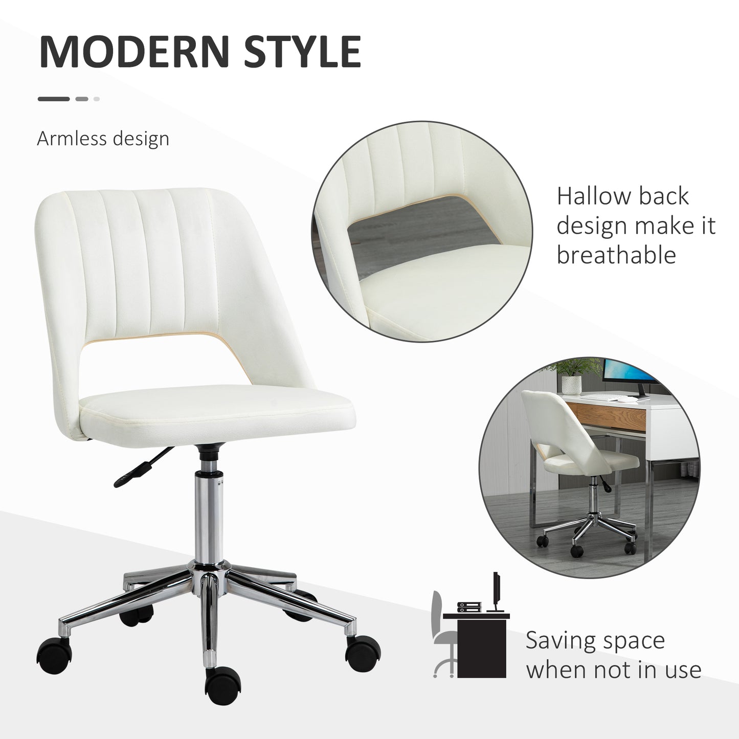 Armless Velvet-Feel Office Chair - Cream White