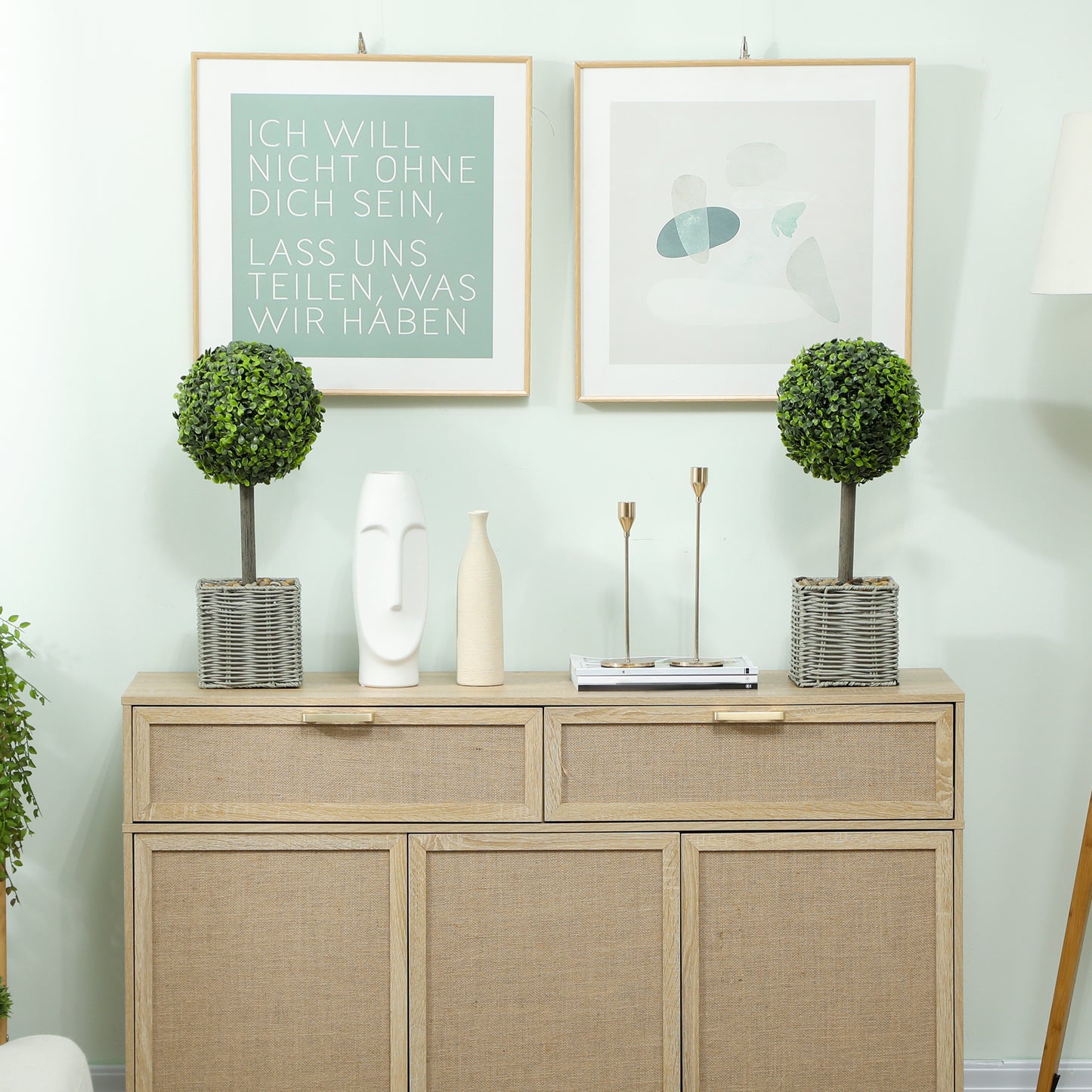 Set of 2 Decorative Artificial Plants, 50cm Faux Boxwood Topiary Balls with Woven Plastic Pot and Pebbles
