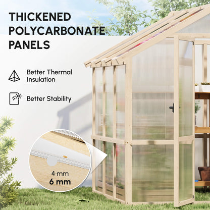 6.6 x 6ft Polycarbonate Greenhouse, Walk-in Wooden Greenhouse with Lockable Door and Window, Garden Plants Grow House, Brown