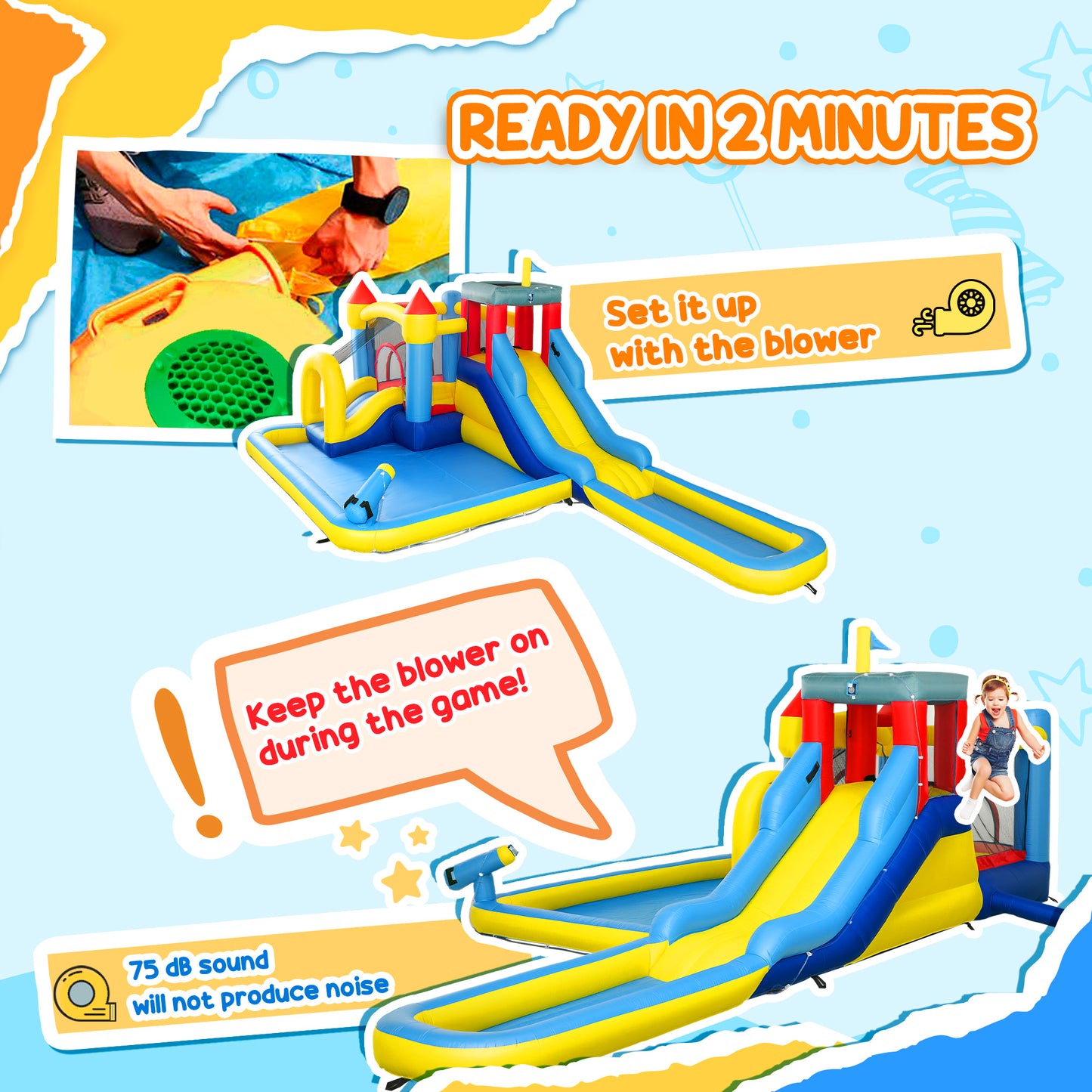 Inflatable Bouncy Castle, Kids Water Bounce House 6 in 1 with 550W Blower, 2 Slides for Garden, Party, Outdoor Indoor