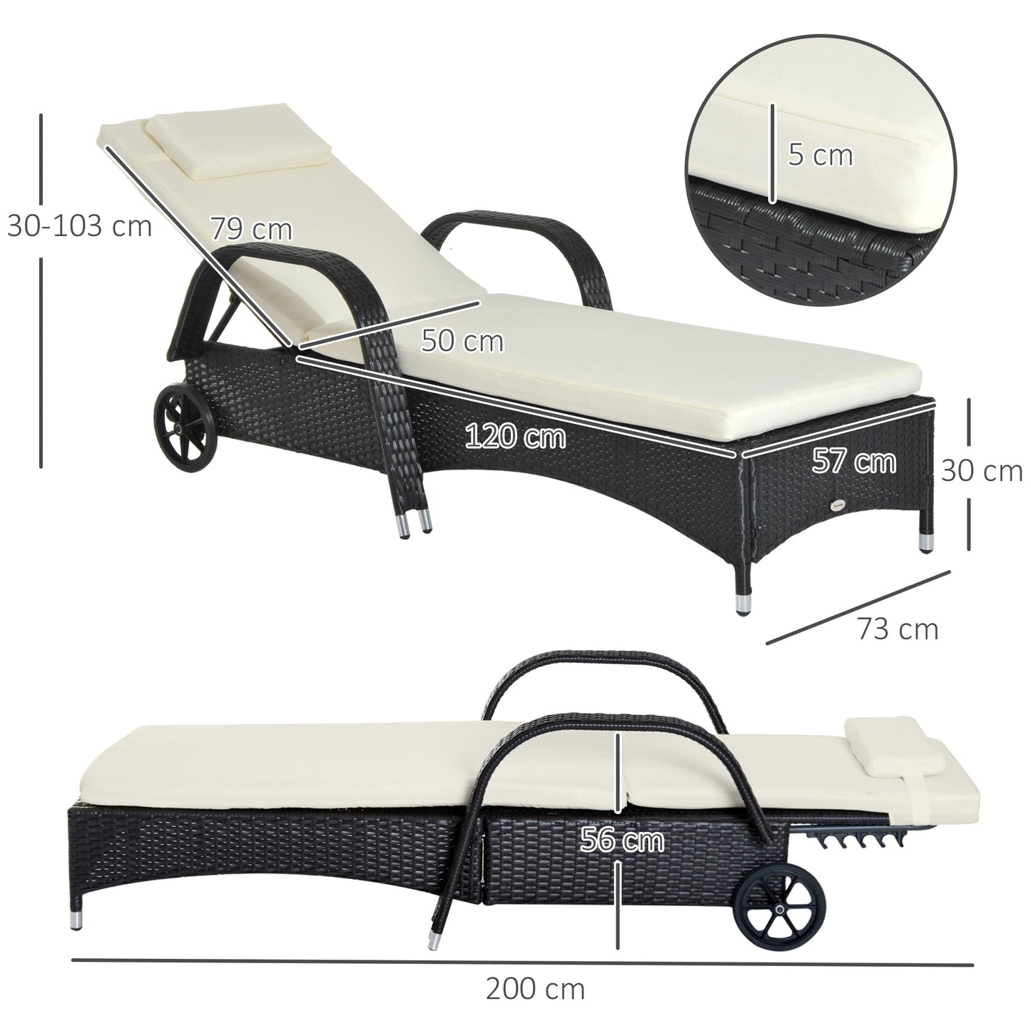Rattan Sun Lounger, Garden Lounger Recliner with Wheels and Adjustable Backrest, Outdoor Reclining Sunbed Garden Chair