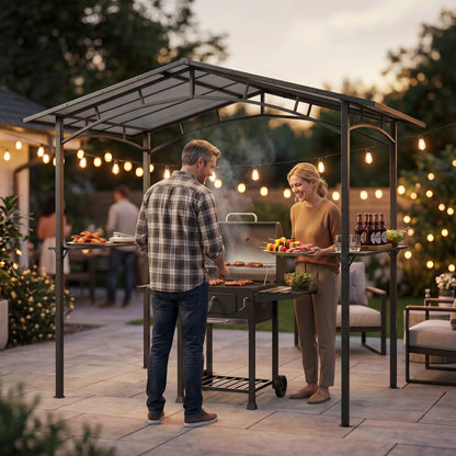 246 x 149cm Outdoor BBQ Protective Gazebo Tent Aluminium Steel Frame w/ 2 Shelves Hardtop Roof Canopy Ground Stakes Safe Cook