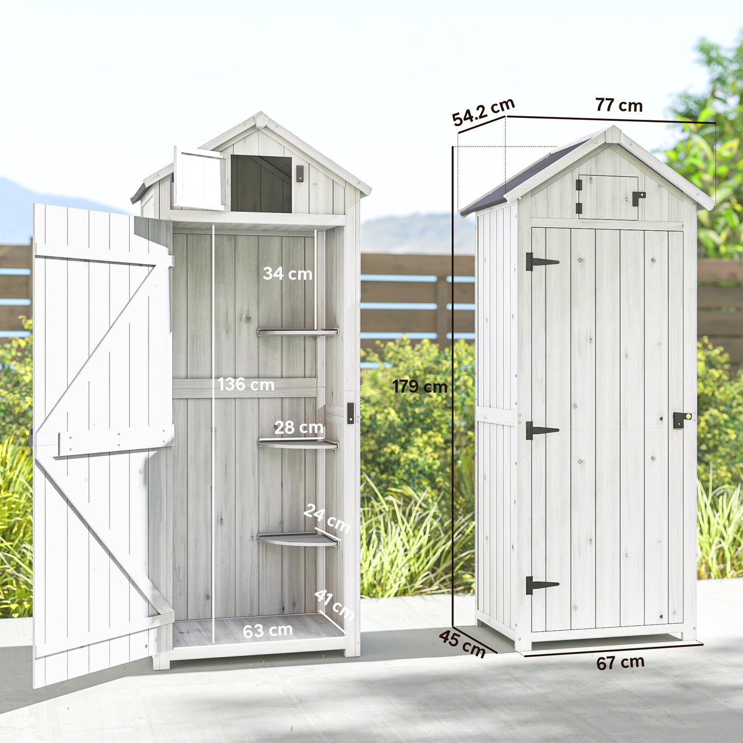 Small Shed, Tall Slim Wooden Garden Shed with 3 Removable Shelves and Roof Hatch, Compact Outdoor Tool Storage Cabinet