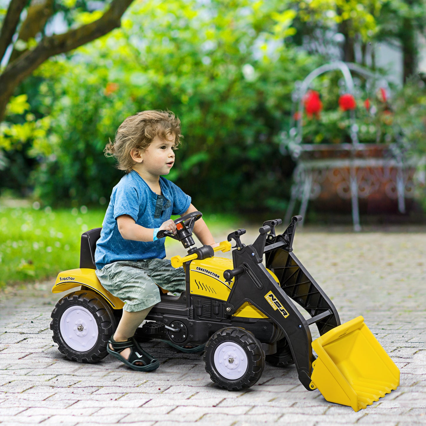 Ride On Tractor, Toddler Excavator Toy, Pretend Play Construction Truck with Adjustable Bucket, Horn for 3 Years+
