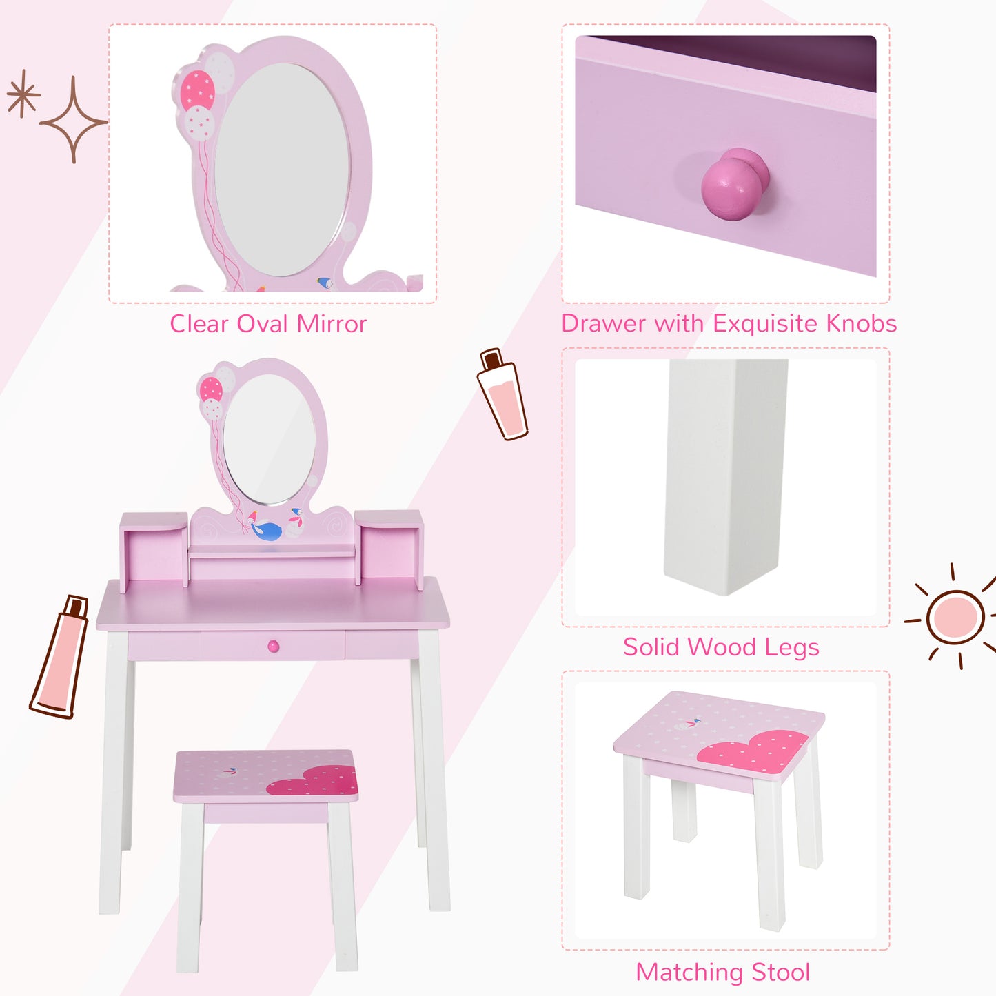 Kids Wooden Dressing Table and Stool Make Up Desk (Pink)