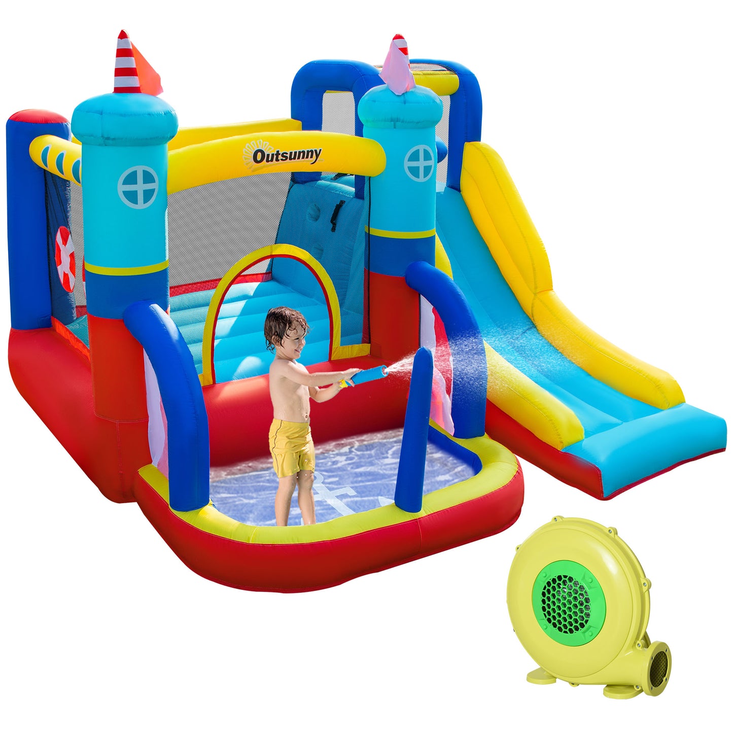 Kids Bouncy Castle, 4 in 1 Large Sailboat Style Inflatable House Slide Trampoline Water Pool Climbing Wall with Blower Carryb