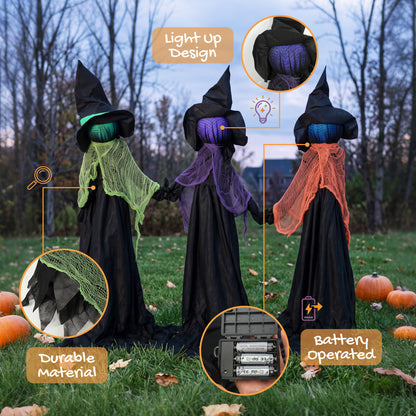 120cm Witches Holding Hands Halloween Decorations Outdoor Indoor, Scary Halloween Witch Decor with Light-Up Heads