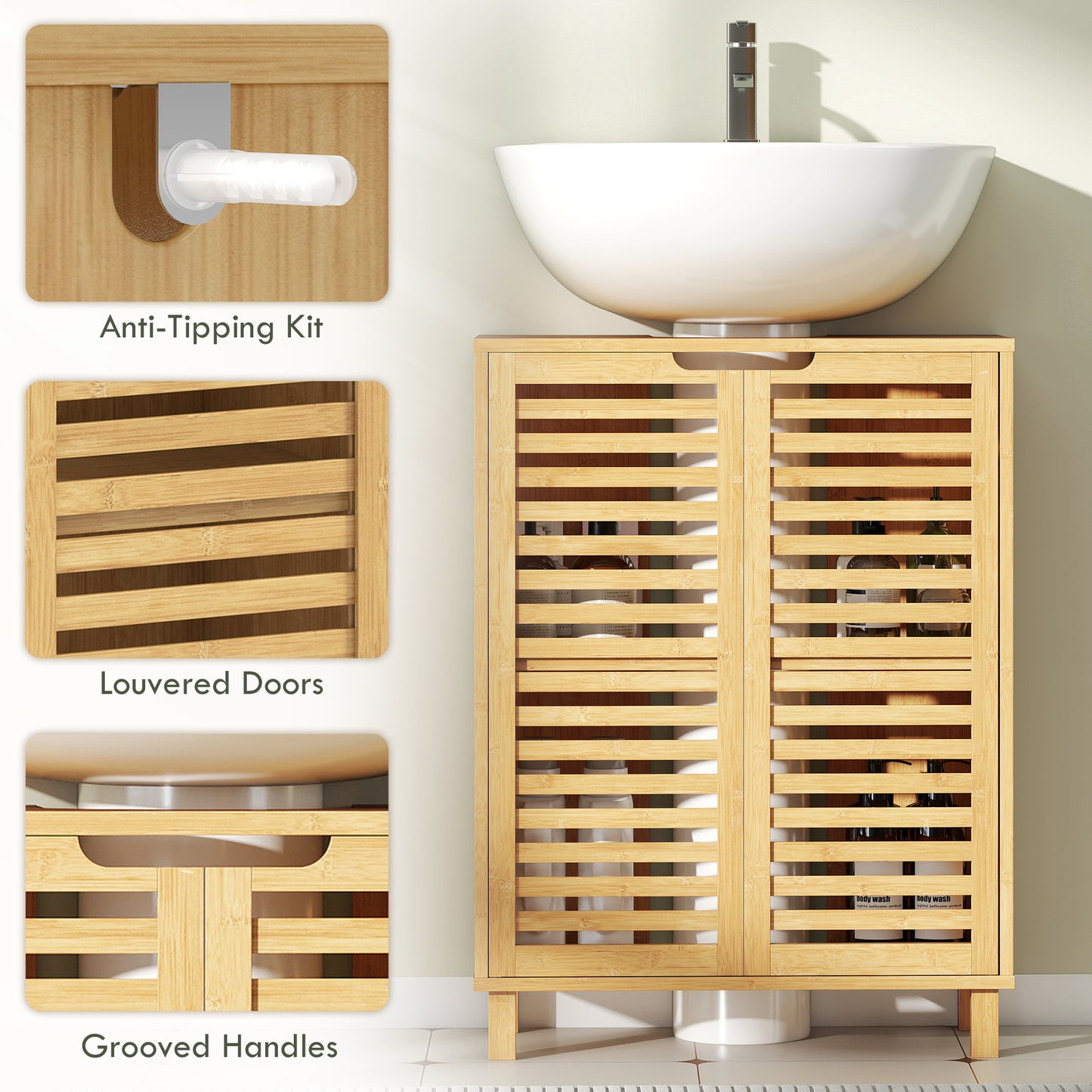Under Sink Bathroom Cabinet, Freestanding Bamboo Under Sink Cabinet with Louvered Doors and Adjustable Shelf, Natural
