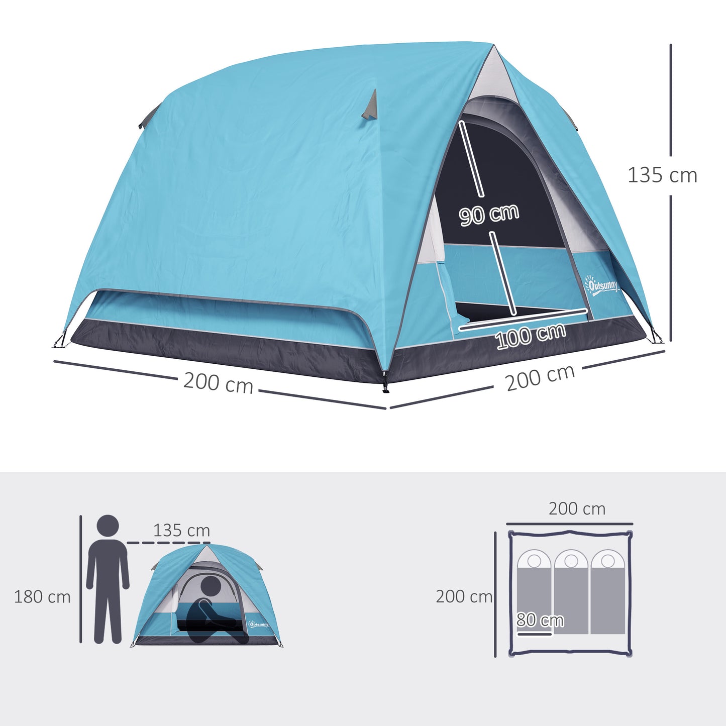 3-4 Person Camping Tent, Easy Set Up Waterproof Dome Tent with Sewn-in Groundsheet, Mesh Windows