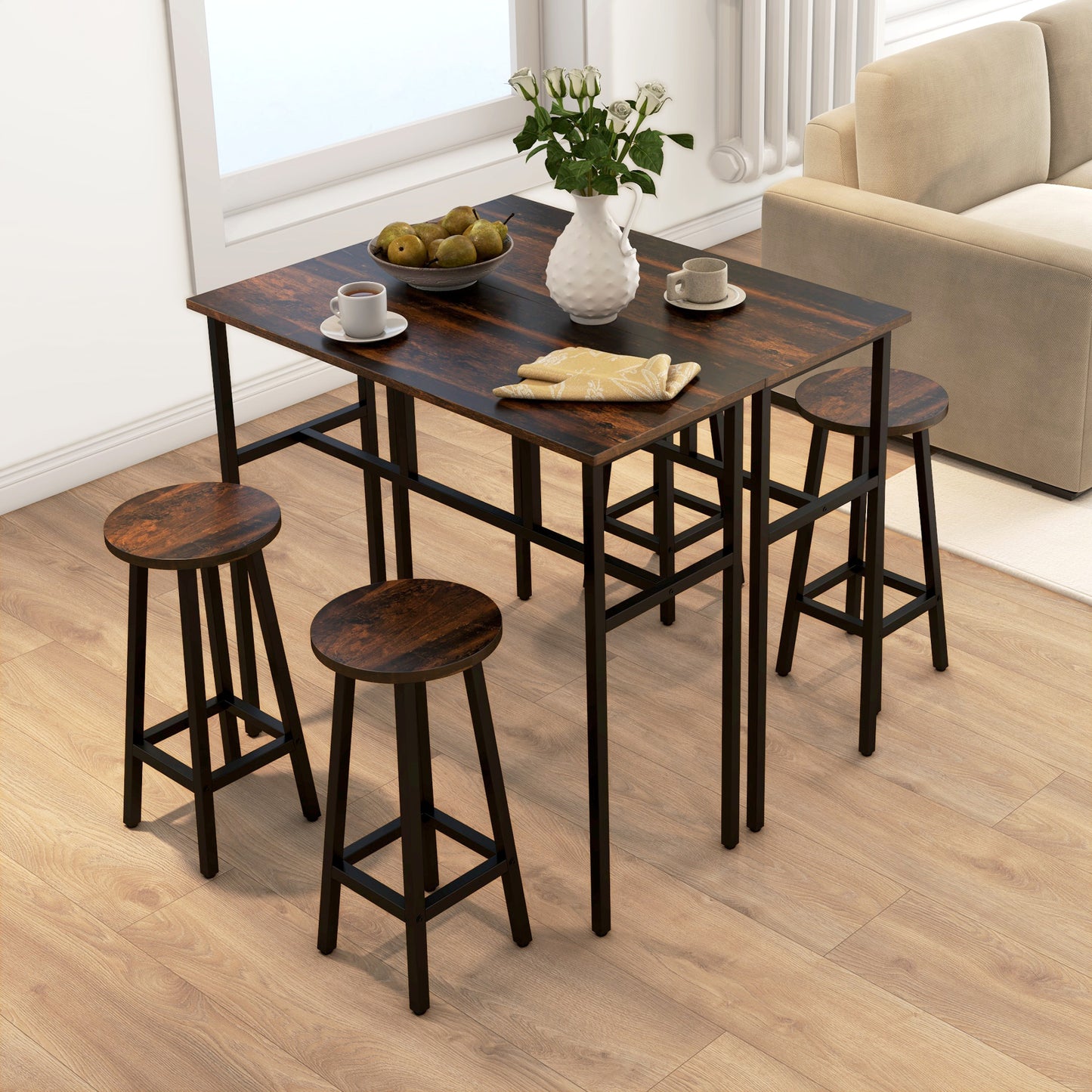 6-Piece Industrial Bar Table Set, 2 Breakfast Tables with 4 Stools Brown