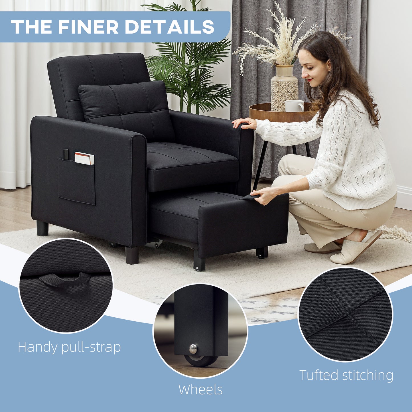 3-In-1 Linen-Look Single Chair Bed with 11cm Thick Adjustable Back & Eucalyptus Wood Sofa Frame - Black