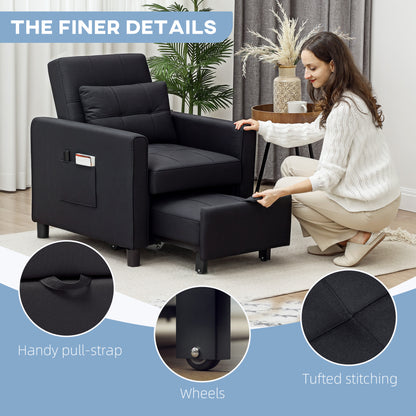 3-In-1 Linen-Look Single Chair Bed with 11cm Thick Adjustable Back & Eucalyptus Wood Sofa Frame - Black