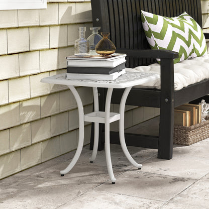 Cast Aluminium Bistro Table, Outdoor Square Side Table with Umbrella Hole, Garden Table for Balcony, White