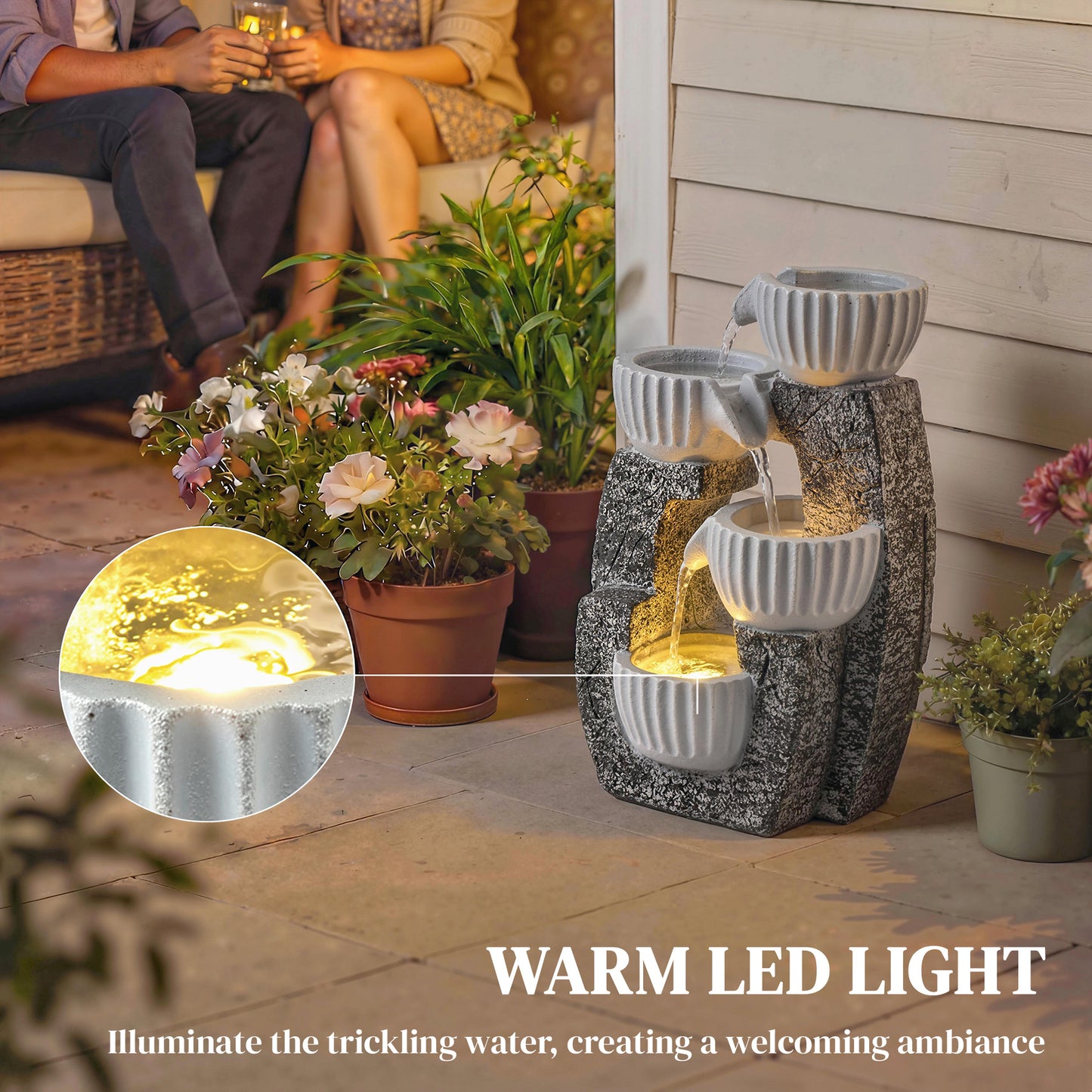 4-Tier Bowl Water Feature, Indoor Outdoor Garden Water Fountain with Pump and LED Lights, Resin Cascading Waterfall