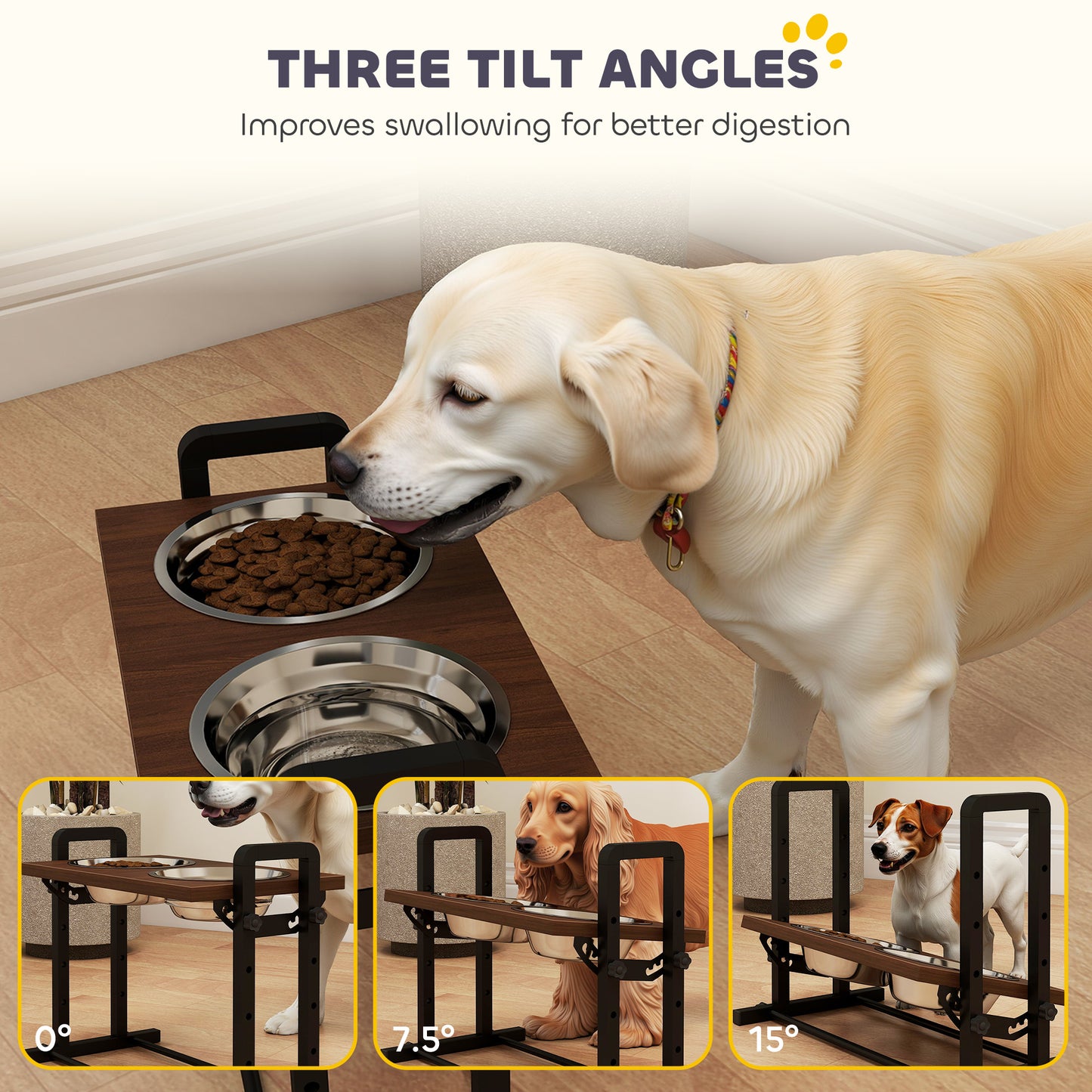Raised Dog Bowls with Stand, 4 Heights Adjustable Pet Feeder with 3 Adjustable Angles for Small, Medium & Large Breeds, Brown