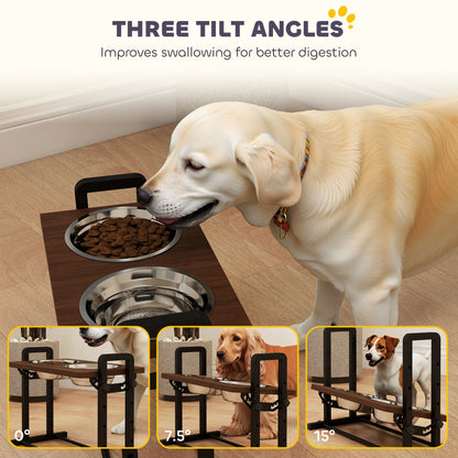 Raised Dog Bowls with Stand, 4 Heights Adjustable Pet Feeder with 3 Adjustable Angles for Small, Medium & Large Breeds, Brown