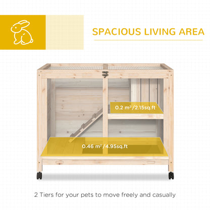 Rabbit Hutch Indoor with Wheels, Wooden Guinea Pig House Hamster Cage, 2 Layers Bunny Cage with Openable Roof