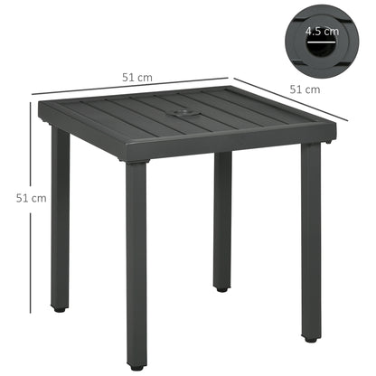 Garden Side Table, 51x51cm Square Patio Coffee Table with Umbrella Hole, End Table with Steel Frame for Balcony, Grey