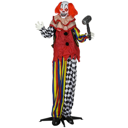 173 cm Life Size Halloween Animated Standing Clown & Hammer with Red Light Up Eyes, Sound Activated Moving Arms & Head