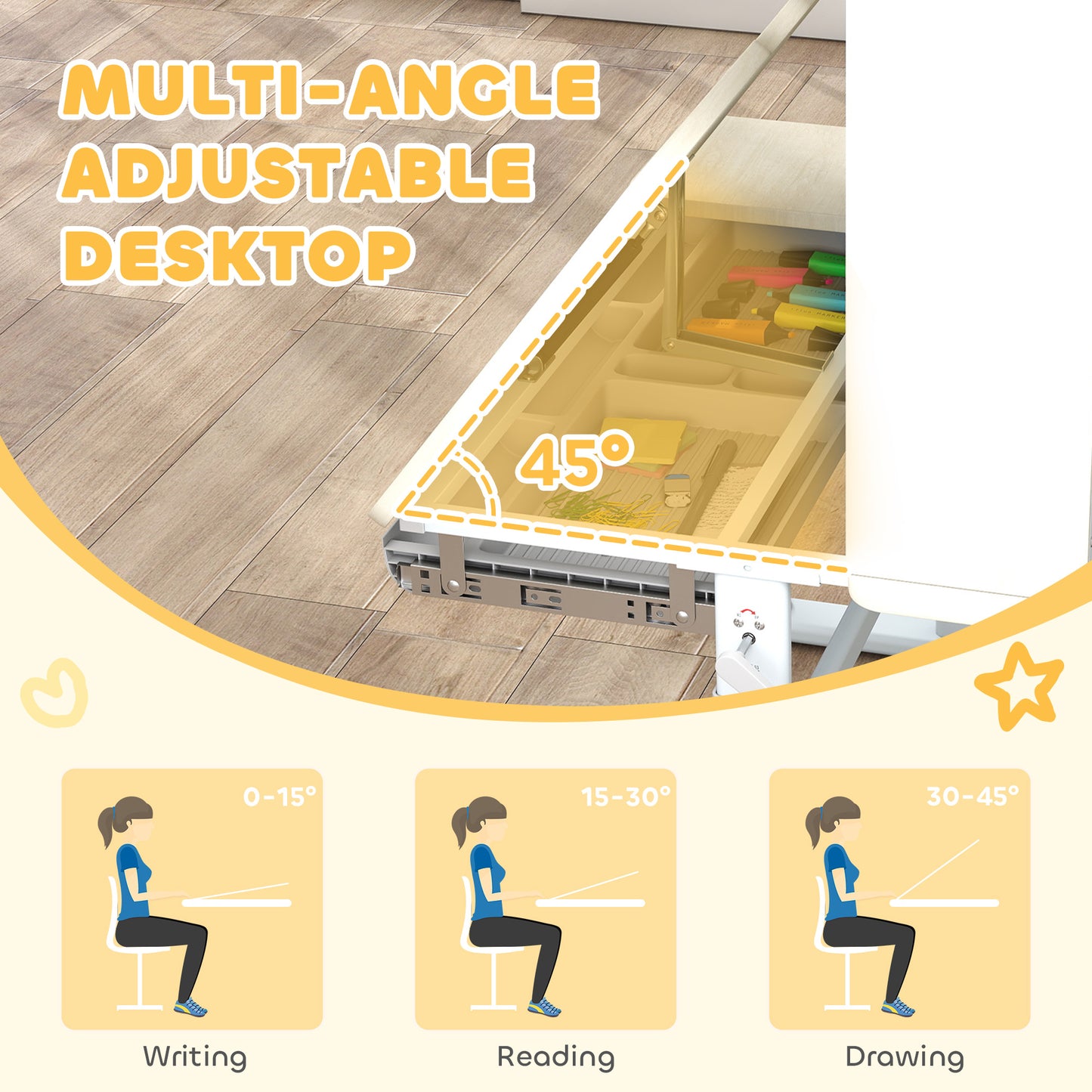 Kids Desk Height Adjustable with Tilt-Desktop, Hutch, Drawer, Storage Shelf, Pegboard, for 3-12 Years Old, Natural