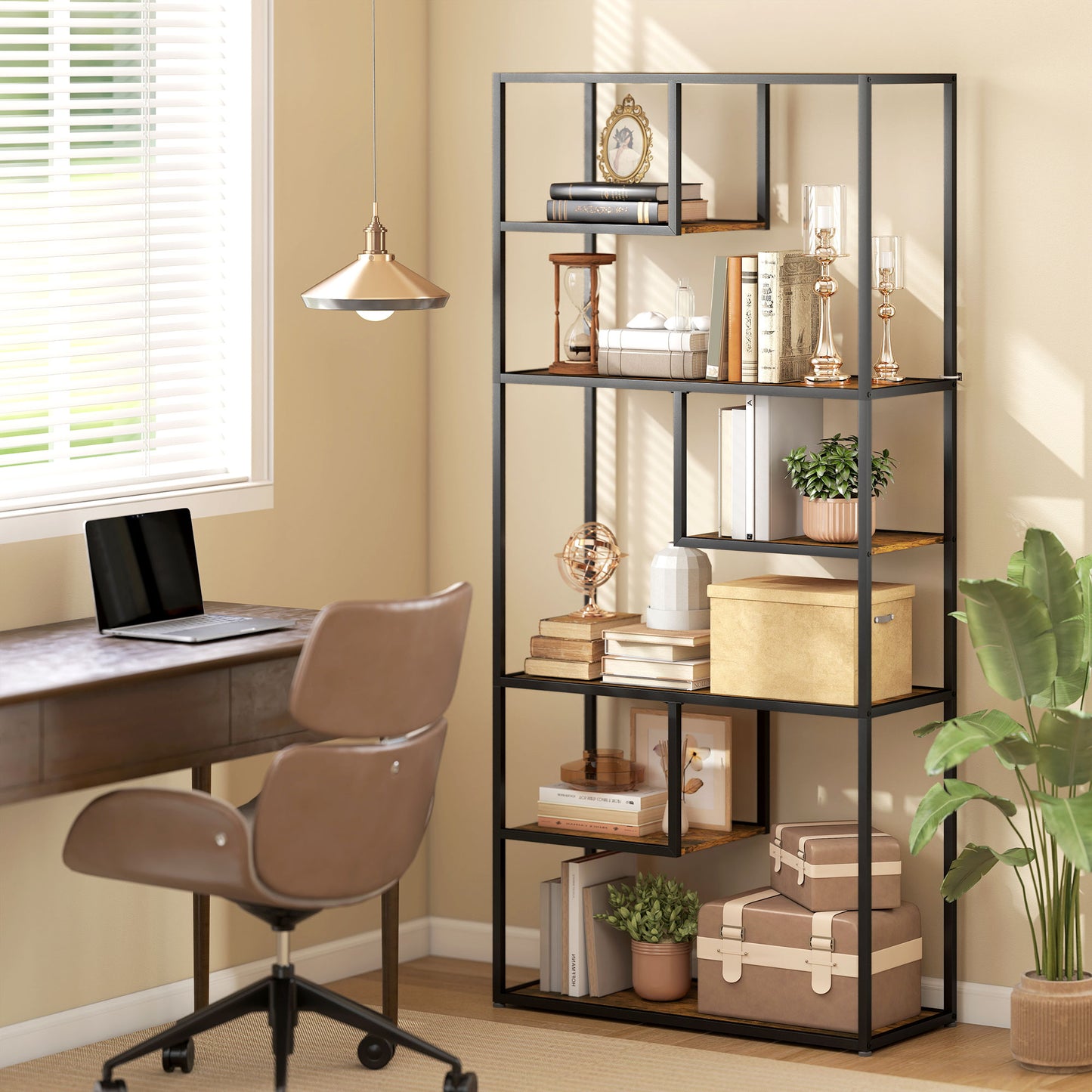 Industrial Bookcase Shelf, 6 Tier Metal Shelving, Storage Shelves for Living Room, Home Office, Bedroom, Rustic Brown