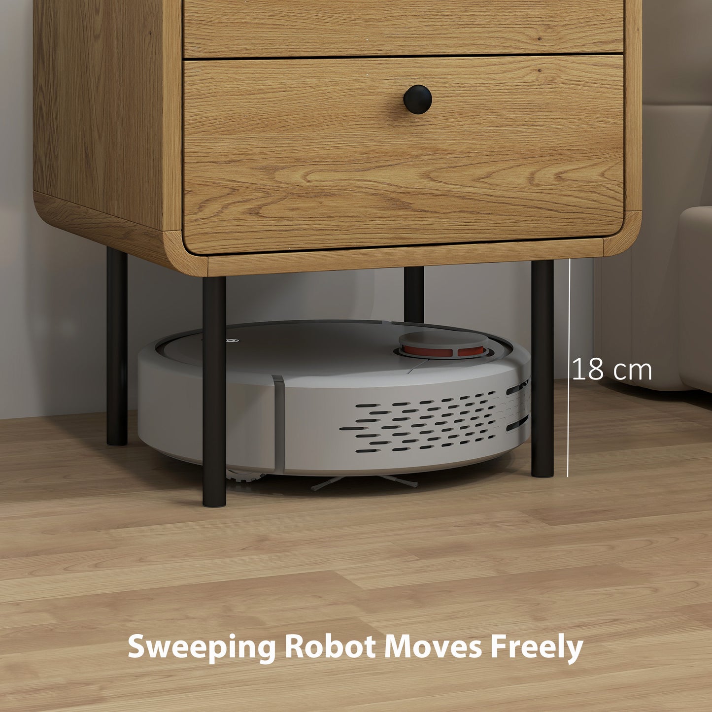 Bedside Table with 2 Drawers and Steel Legs - Oak