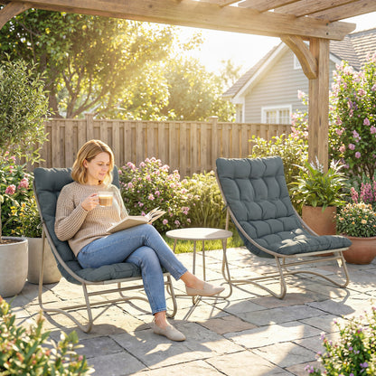 3 Piece Garden Bistro Set, Round Outdoor Bistro Table and Chairs Set for 2 with Texteline Seat and Cushions, Dark Grey