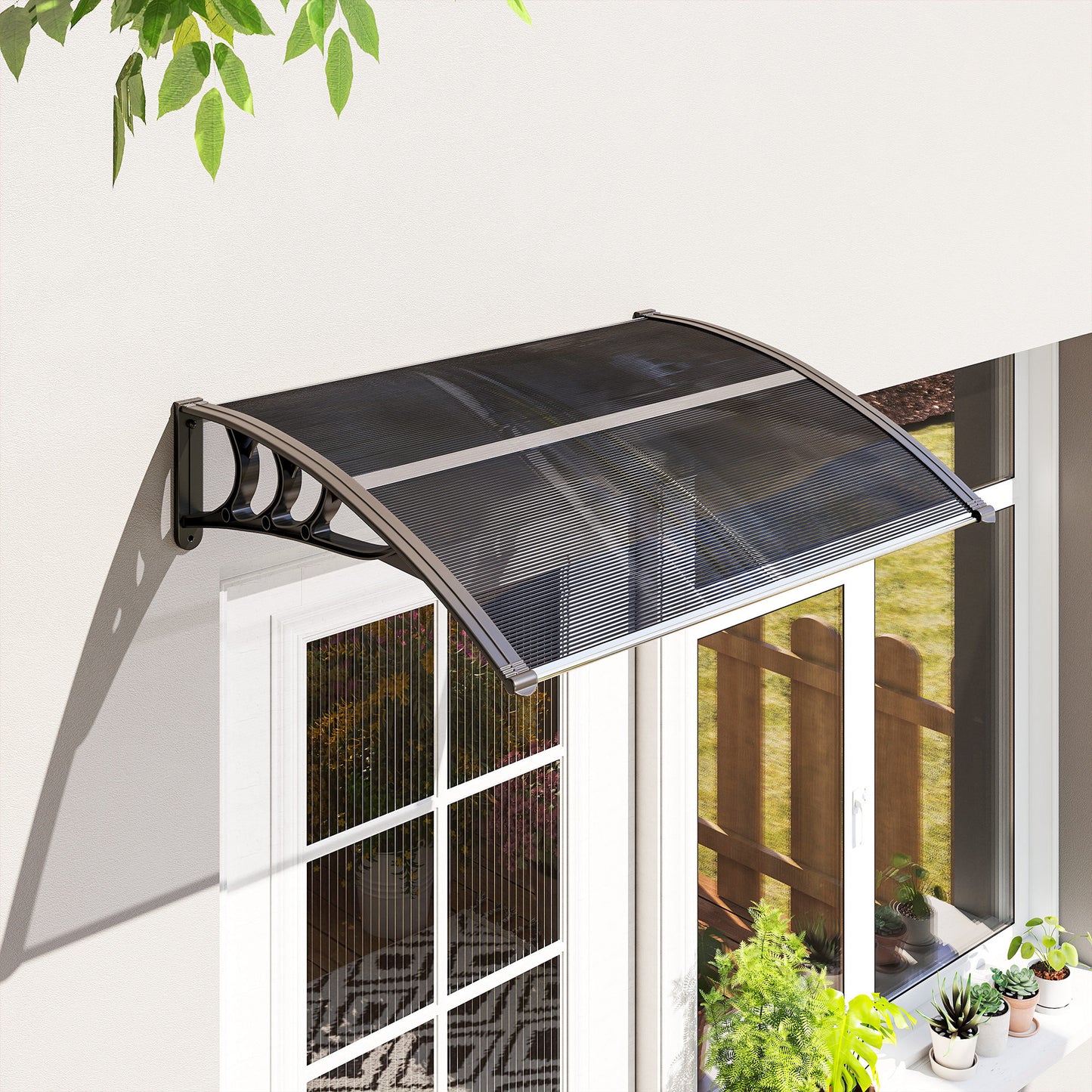 Front Door Canopy Outdoor Awning Aluminium Rigid Plastic Polycarbonate Rain Shelter UV Water Rain Resistant 100 x 75cm Black