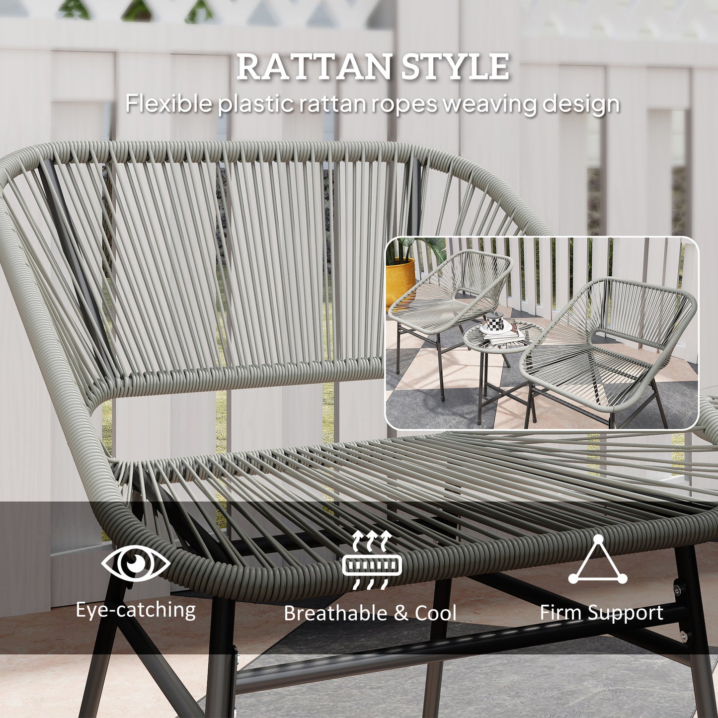 3 Pieces Rattan Bistro Set, Wicker Small Garden Table and Chairs Set with Cushions and Glass Top Coffee Table
