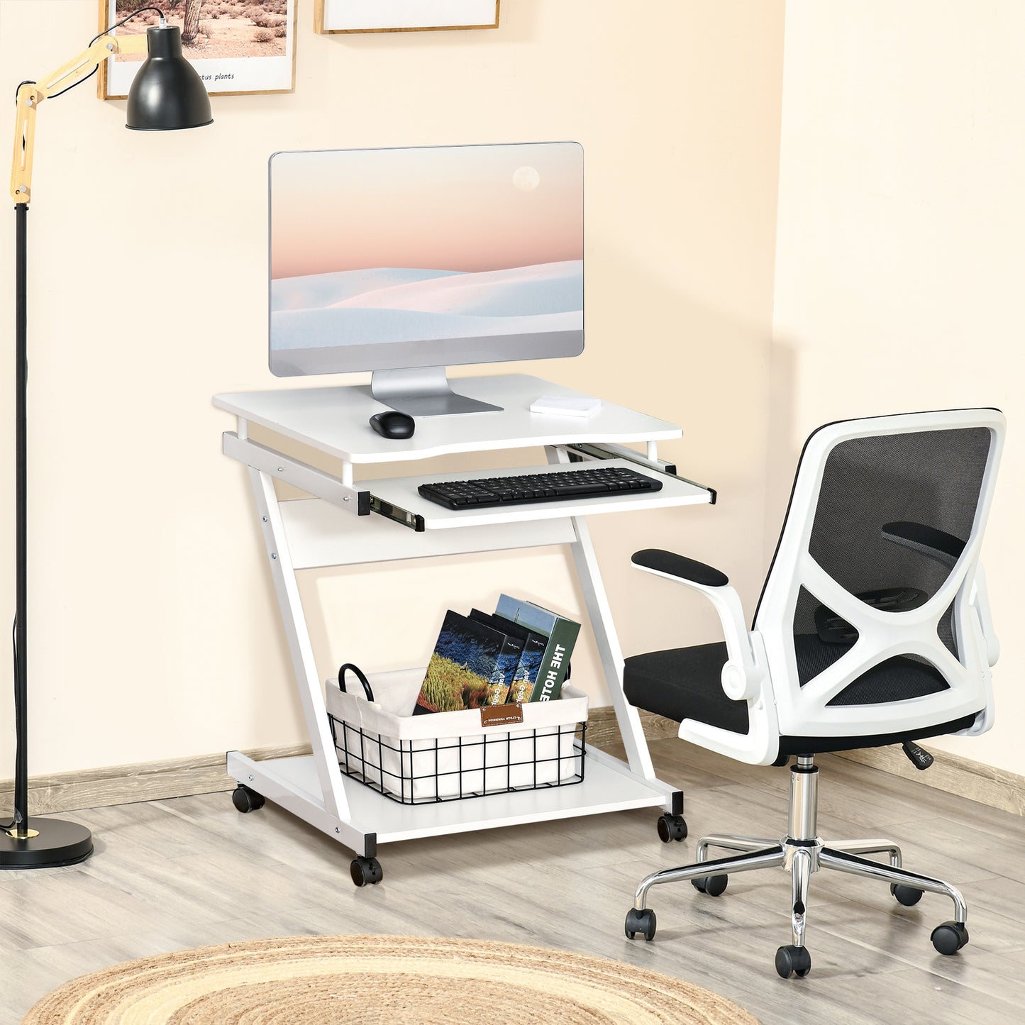 Movable Computer Desk with 4 Moving Wheels and Keyboard Tray White