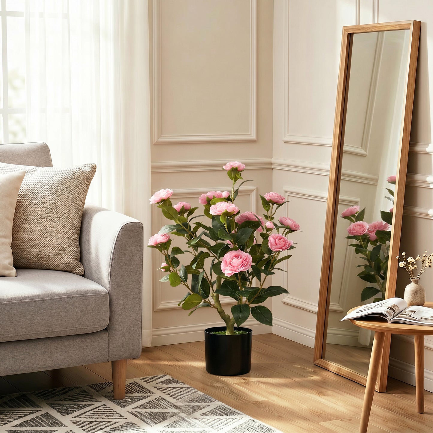 65cm Artificial Camellia Flower Plant in Pot with 116 Lush Leaves & Moss Effect, Pink