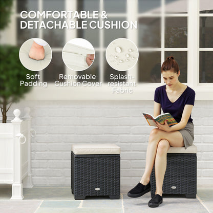 Set of 2 Rattan Storage Ottoman, Outdoor Footstool with Removable Cushions, Garden Storage Seat for Balcony, Porch