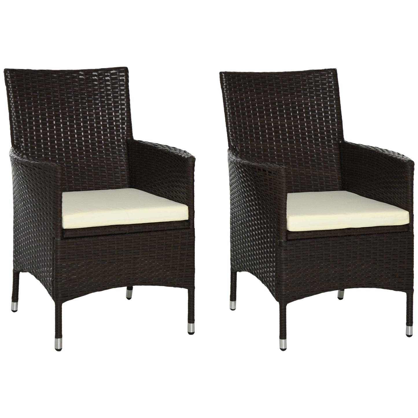 2 Pieces Outdoor PE Rattan Dining Chairs Set with Cushion, Garden Armchair with Armrests, High Backrest