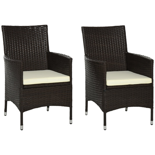 2 Pieces Outdoor PE Rattan Dining Chairs Set with Cushion, Garden Armchair with Armrests, High Backrest