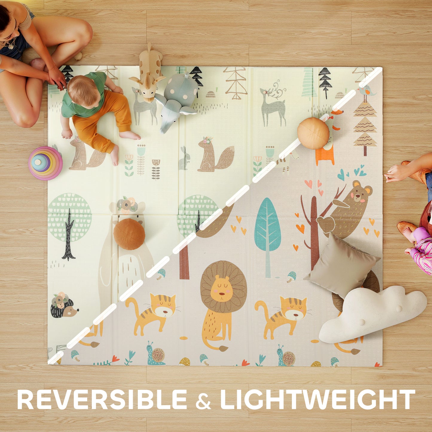 Baby Play Mat, Double Sideded Foldable Kids Crawling Mat, Reversible & Waterproof, Animal