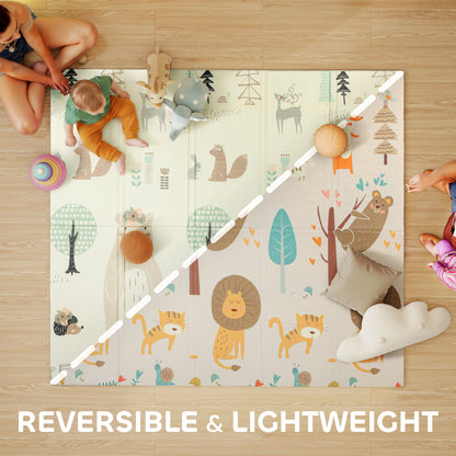 Baby Play Mat, Double Sideded Foldable Kids Crawling Mat, Reversible & Waterproof, Animal