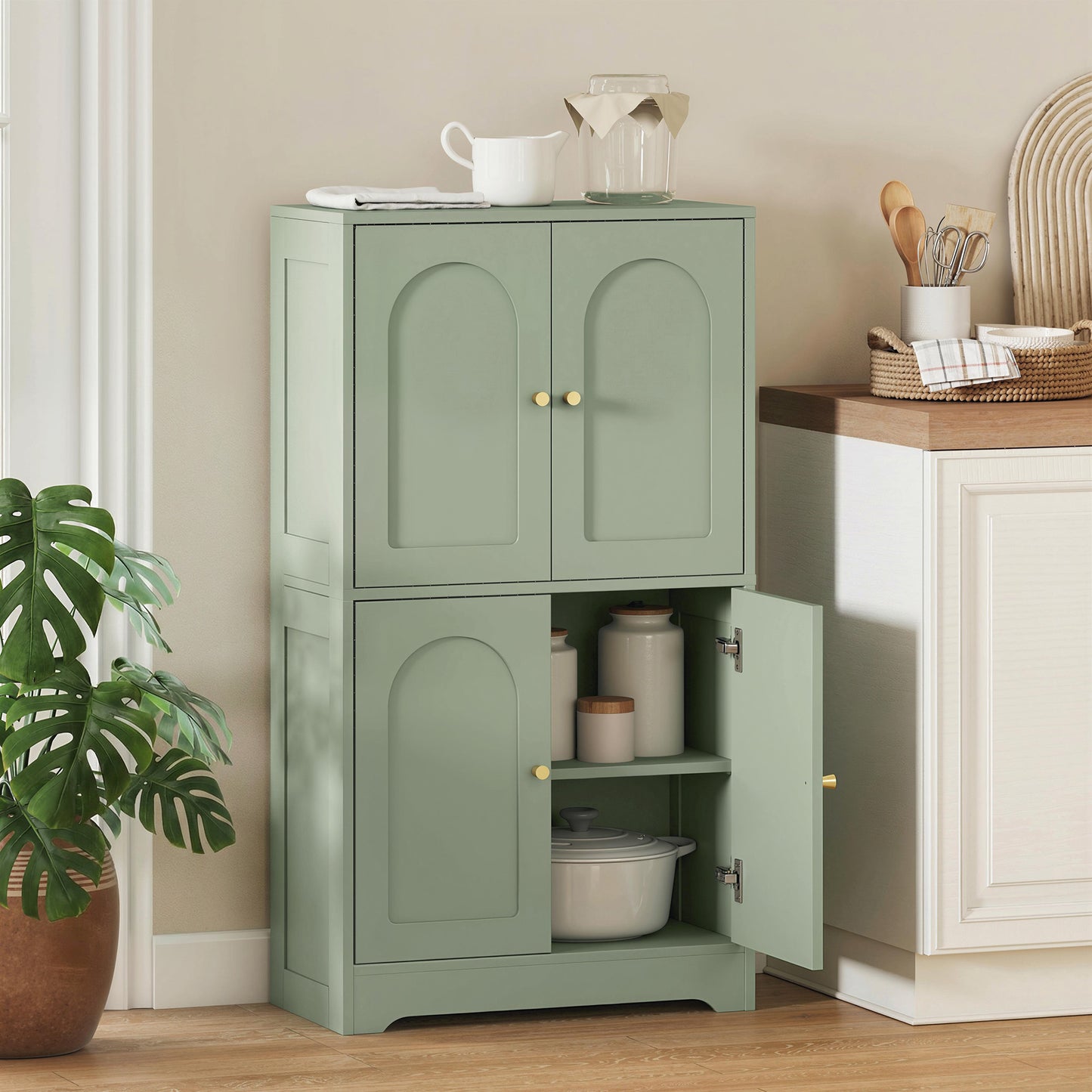 4-Door Kitchen Storage Cabinet with Adjustable Shelves - Green